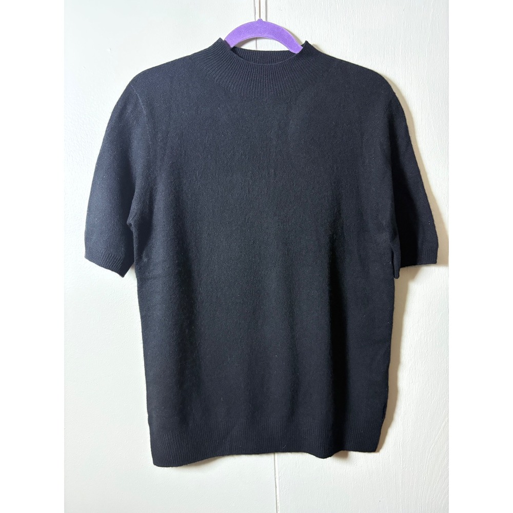 Black 100% Superfine Merino Wool Mock Neck Sweater L Quiet Luxury Old Money Prep